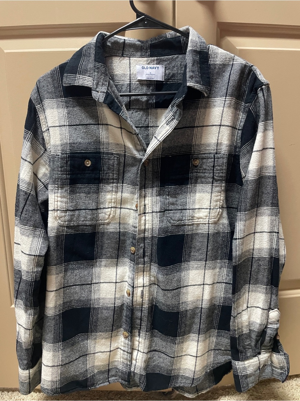 Old Navy Black and Cream Plaid Button-Up Shirt